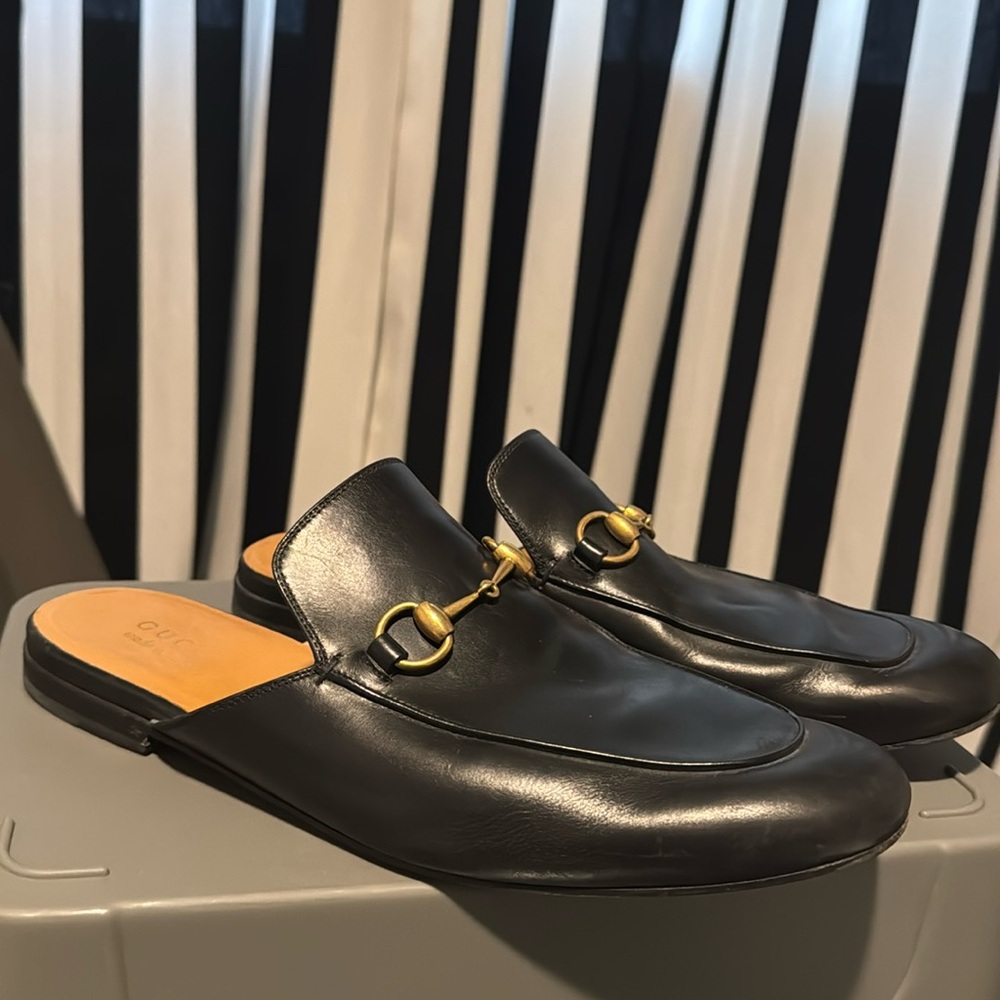 Gucci, black leather slippers with gold chain, size 10